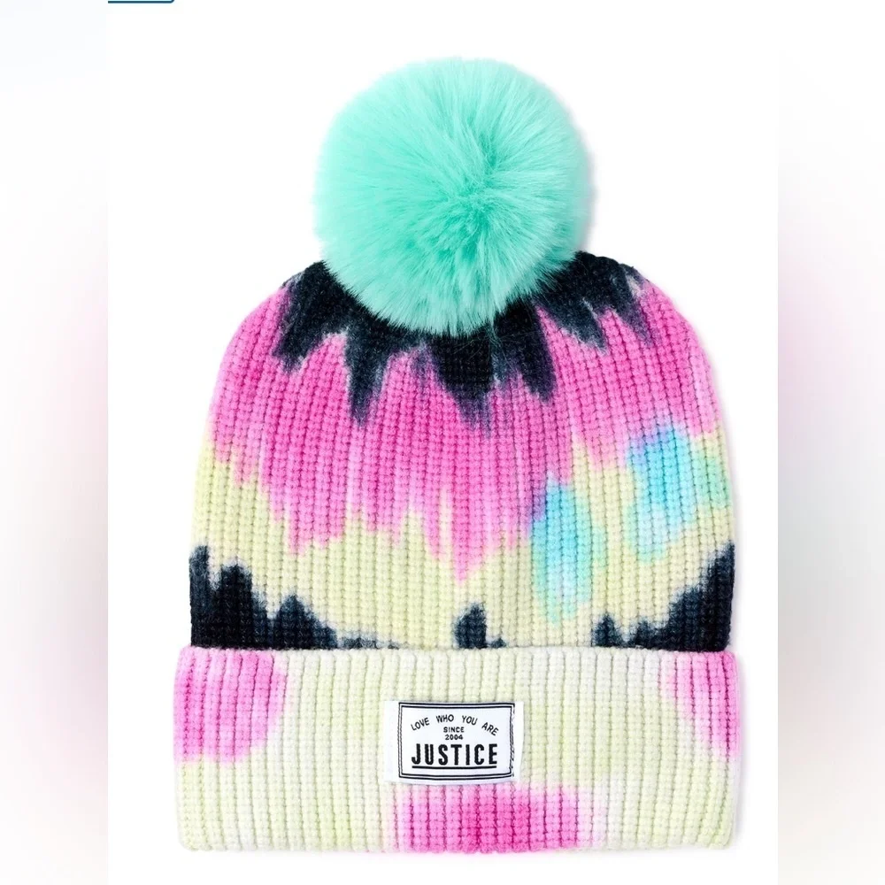 2pack Justice Girls faux fur pom pom ombre Tie Dye‎ & fair isle look beanies new